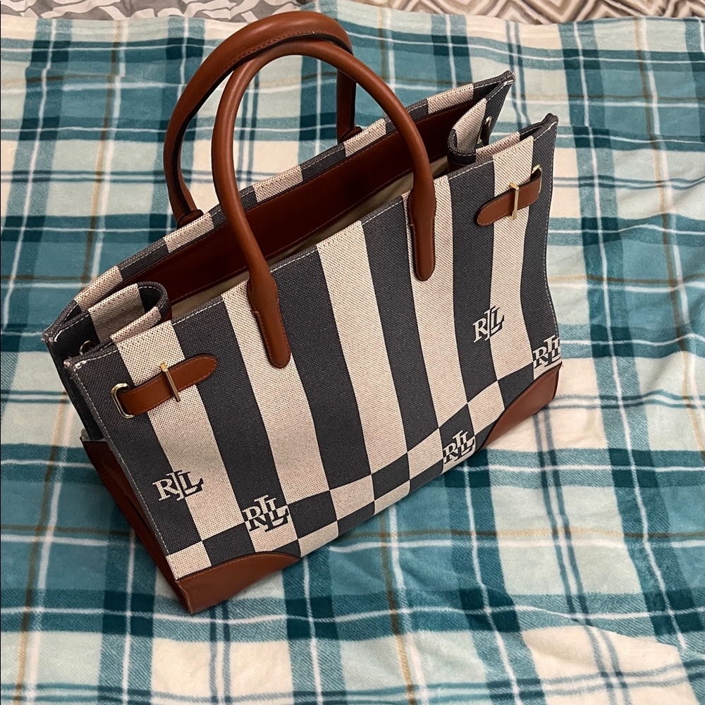 Ralph Lauren Striped Canvas and Leather women’s tote Bag - Black and Brown